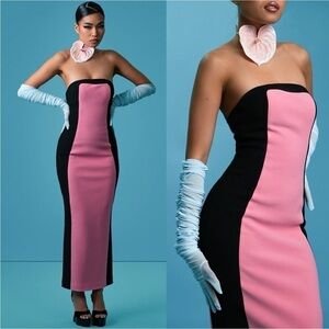 NEW! Kai Collective-Black Pink Amelie Bandeau Panelled Strapless Midi Dress 4